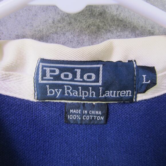 Polo Ralph Lauren Polo Shirt Mens Large Blue White Collar Stripe Pony Logo Rugby - Picture 2 of 7